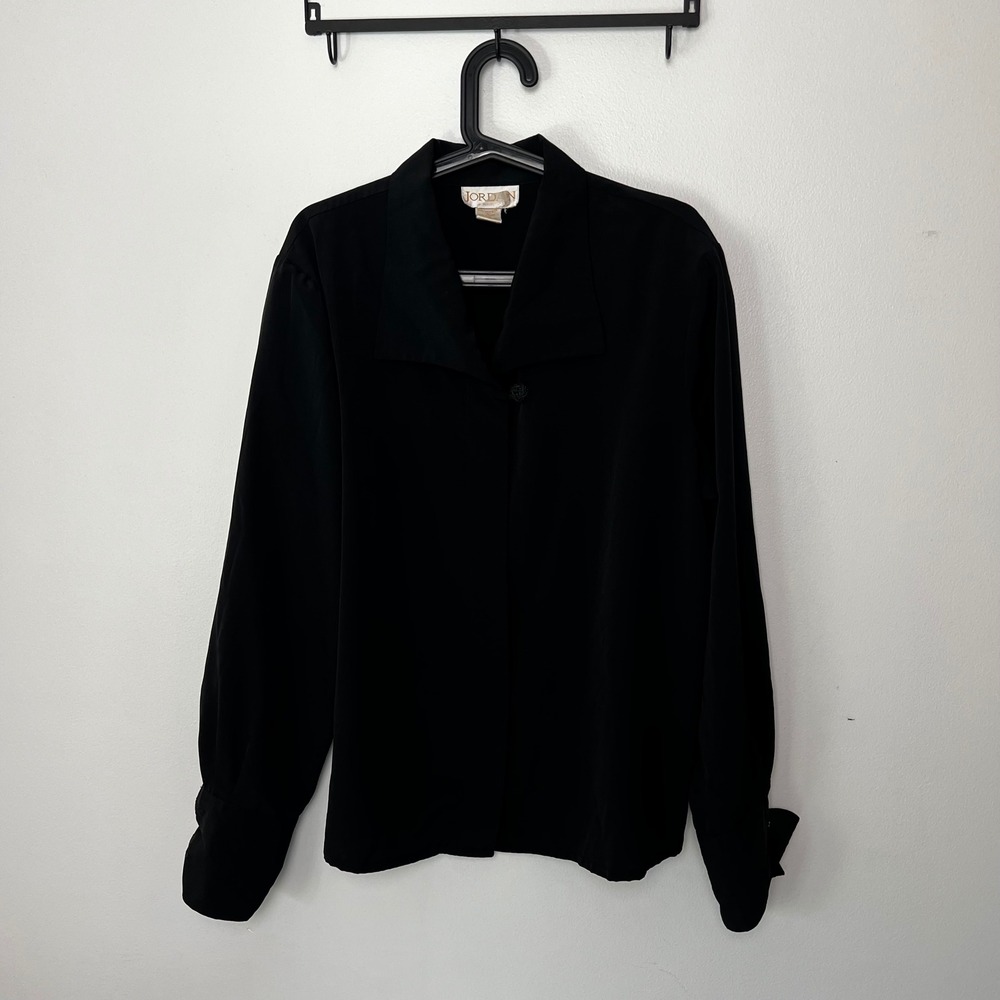 Vintage Jordan Black Button Down Blouse Knotted Collar Detail Long Sleeve Top 16